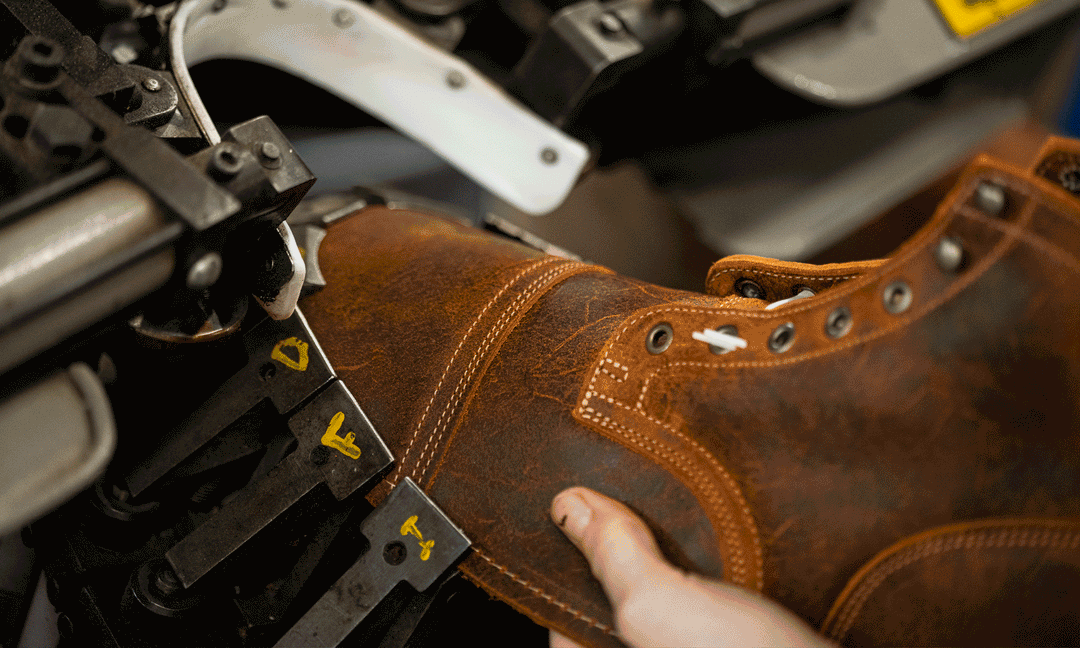 close up animation of toe lasting coach rambler leather upper