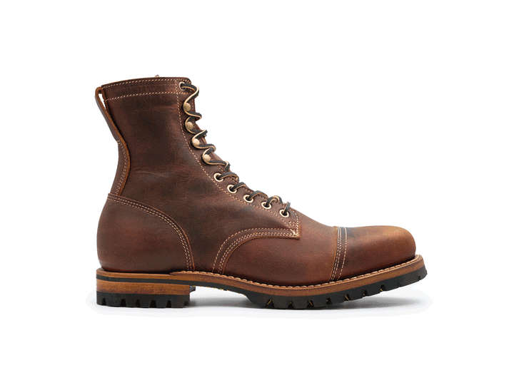 auburn brown leather boot on a white background rotating 360° view