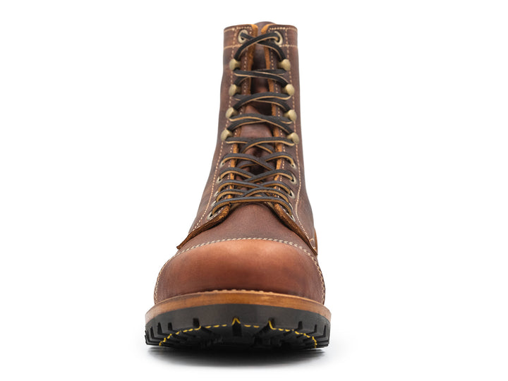 auburn brown leather boot on a white background front view