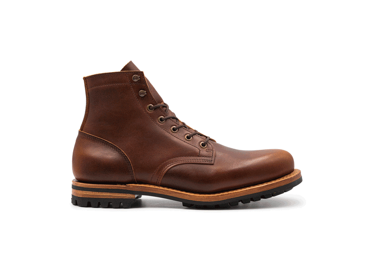 auburn brown leather boot on a white background rotating 360° view