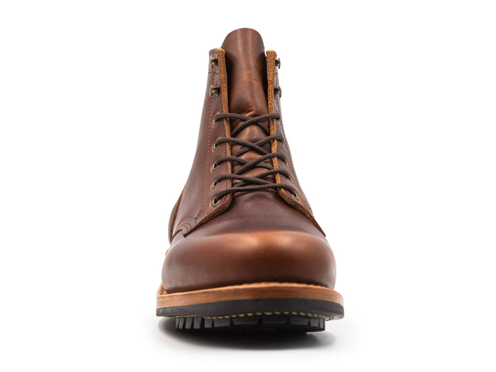 auburn brown leather boot on a white background front view