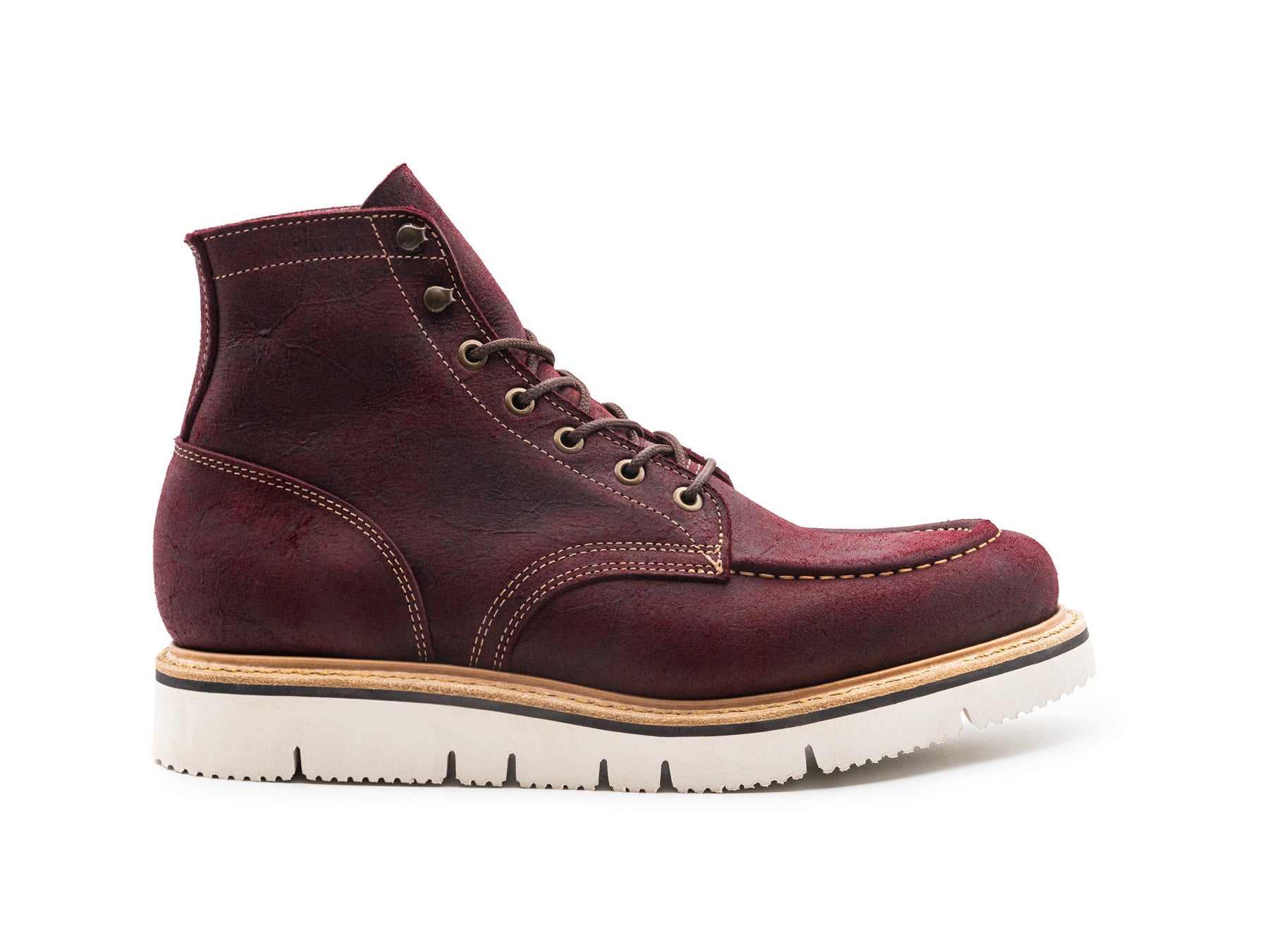 Dark burgundy rambler leather boot side view on white background