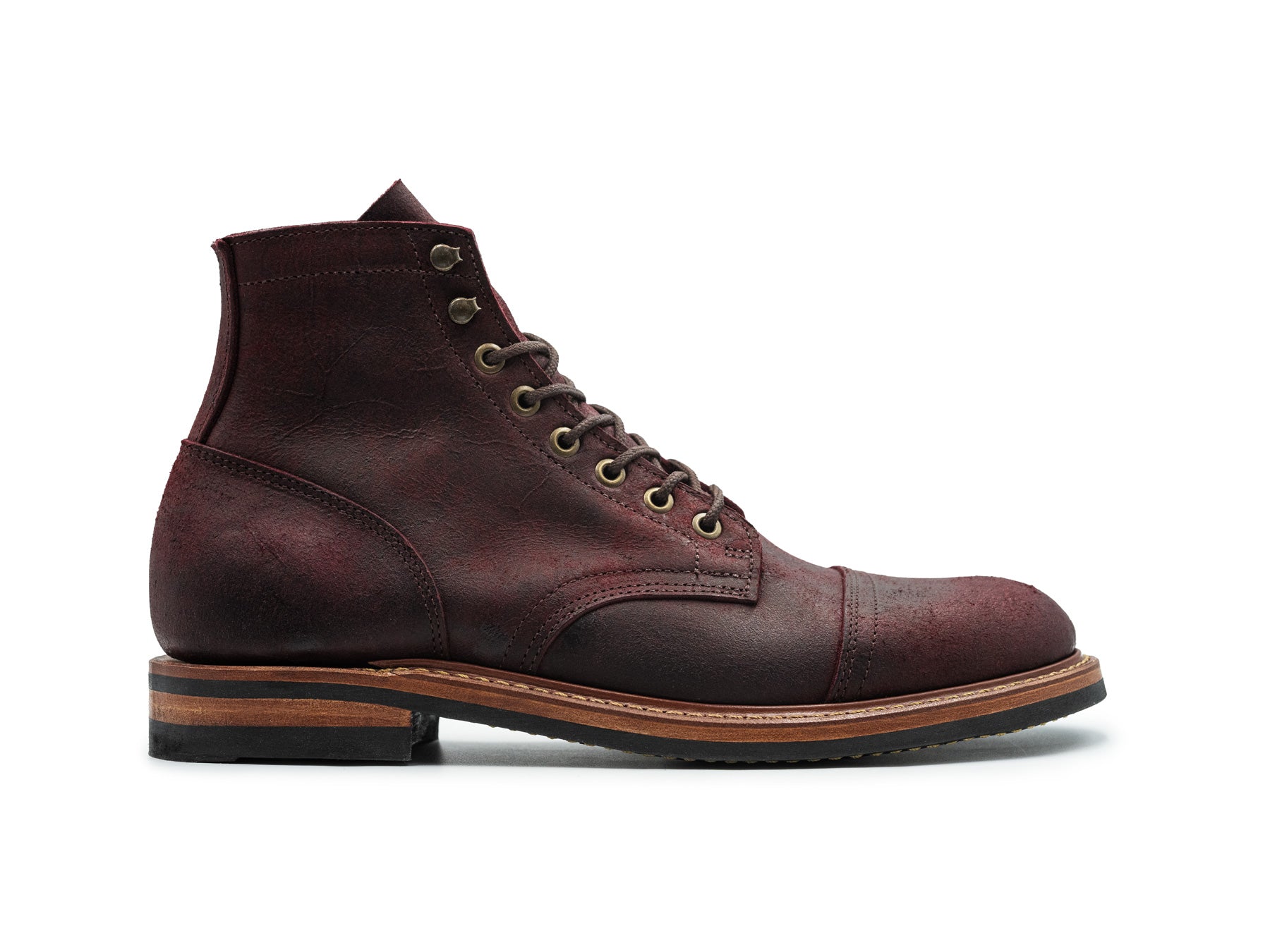 Dark burgundy rambler leather boot side view on white background