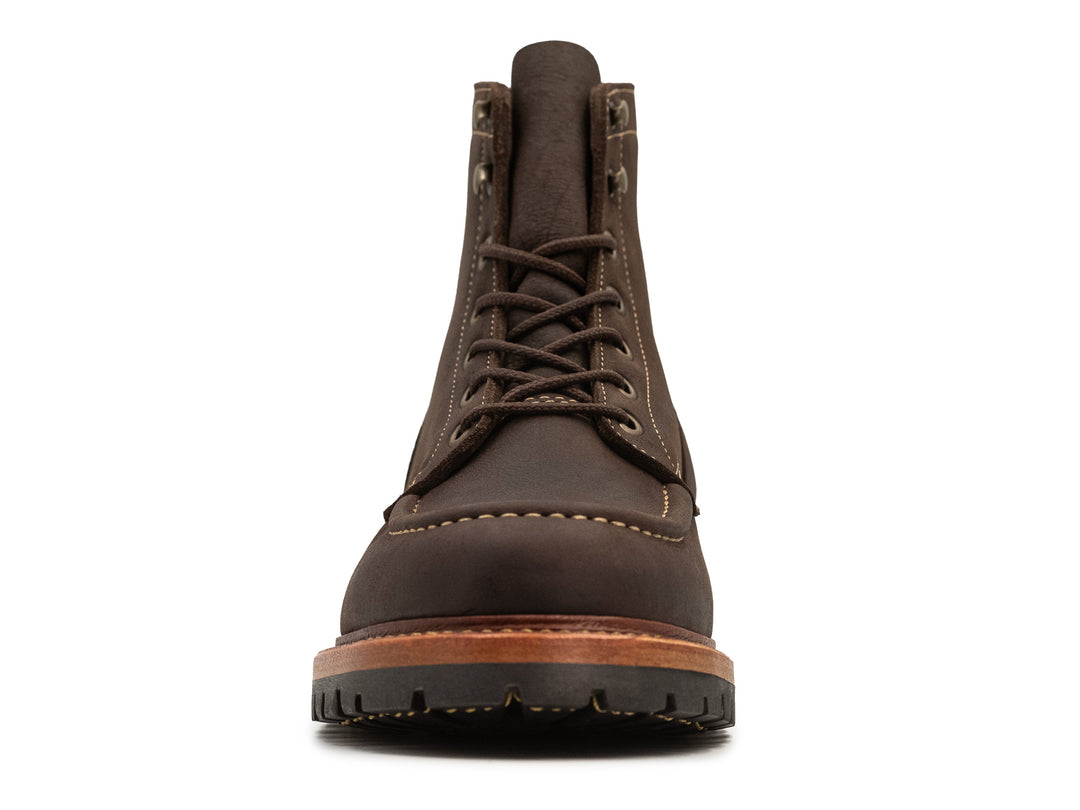 front view of brown textured kudu leather boot on white background