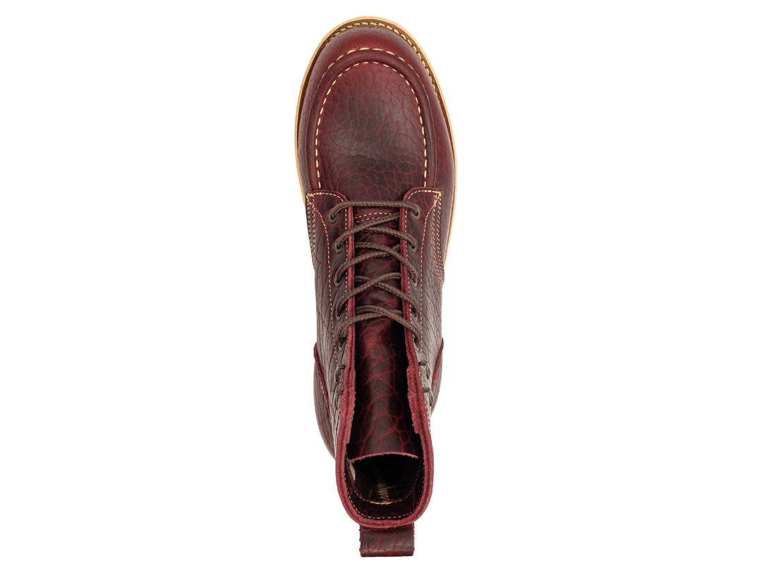 topdown view black cherry shrunken bison boot on wedge sole on white background