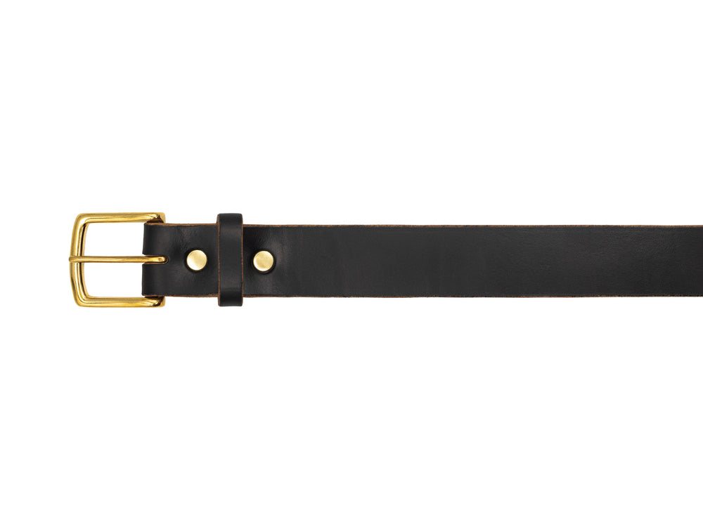 black leather belt with brass buckle, showing just buckle, rivets and keeper