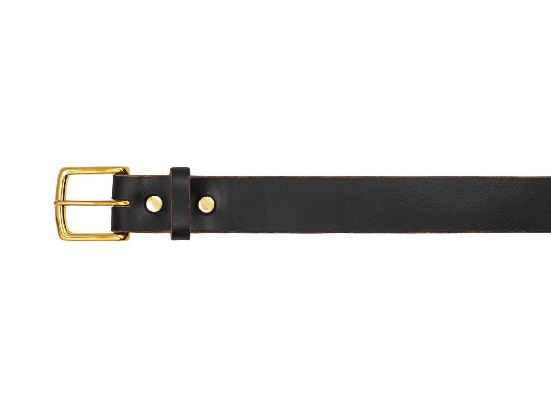 black leather belt with brass buckle, showing just buckle, rivets and keeper