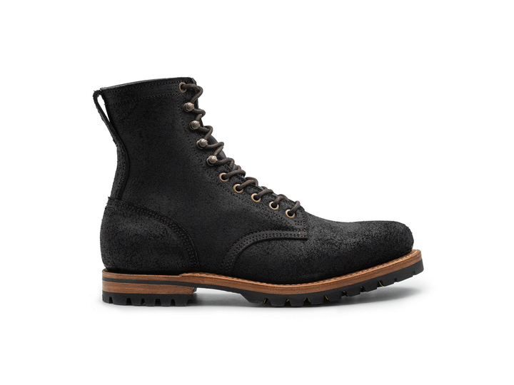 black rough out leather boot on a white background rotating 360° view