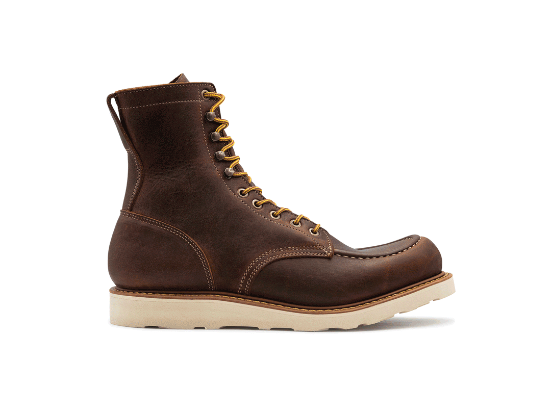 brown leather moc toe boot on a white background rotating 360° view