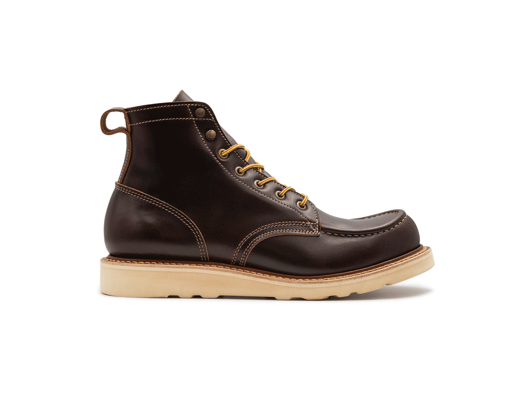 dark brown leather boot on a white background side view