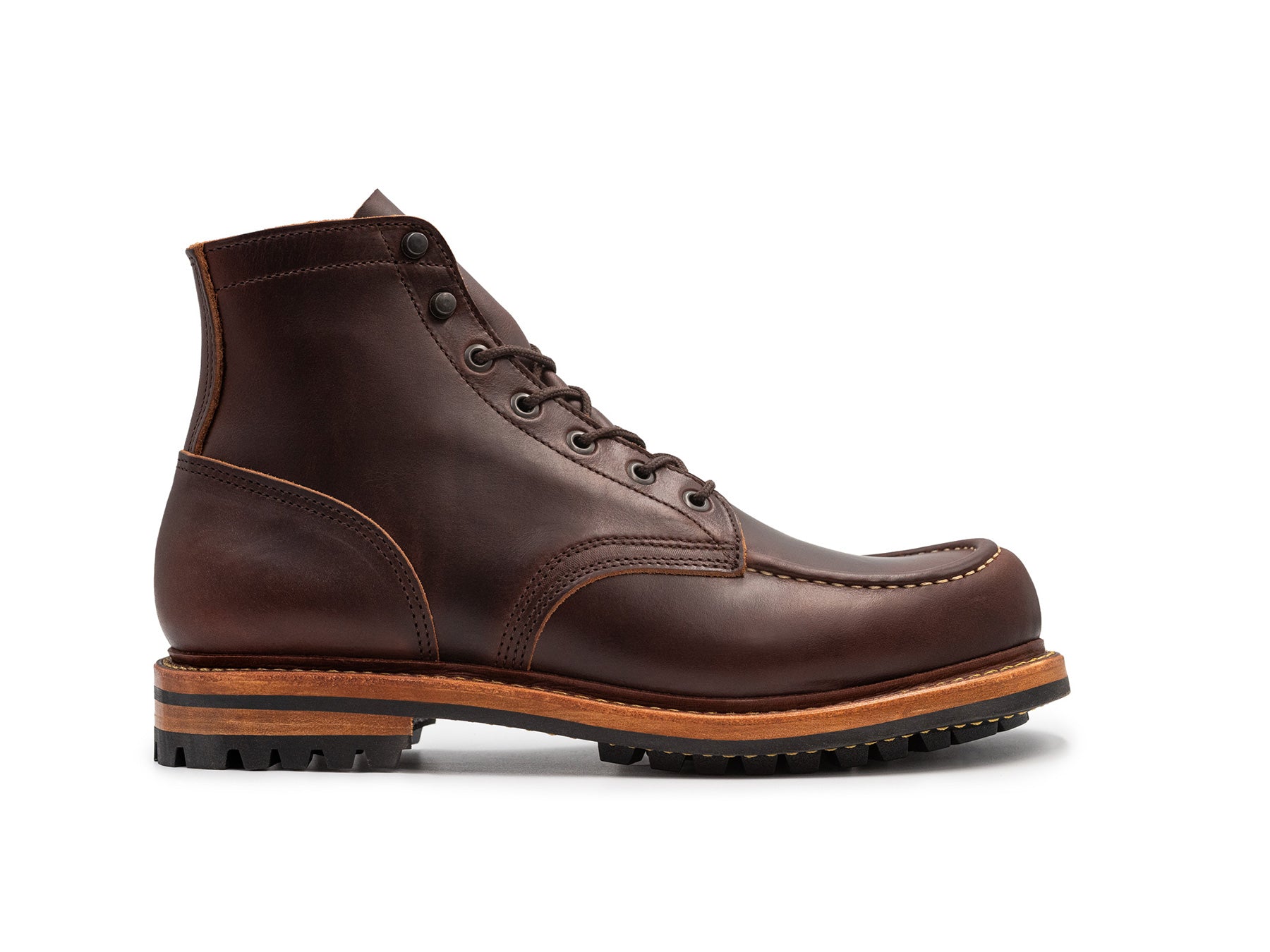 Brown Double Shot work moc toe boot side view
