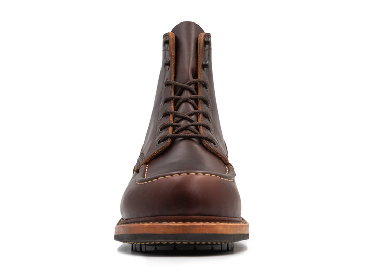 front view of brown smooth leather boot on white background