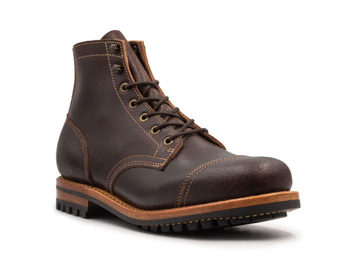 dark brown leather boot on a white background 3QTR view