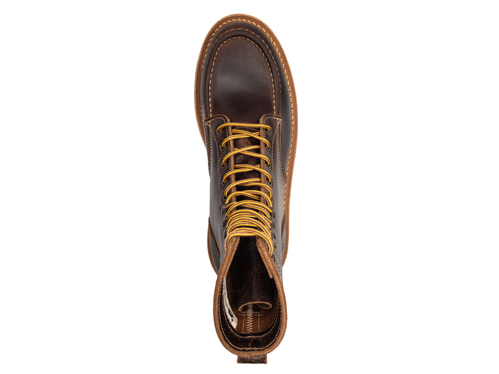dark brown leather moc toe boot on a white background topdown view