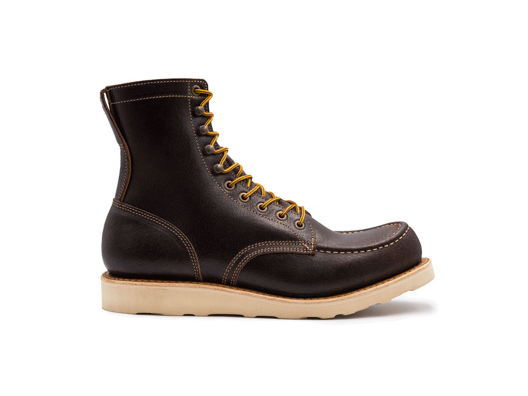 dark brown leather moc toe boot on a white background rotating 360° view