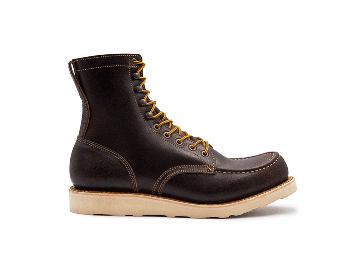 dark brown leather moc toe boot on a white background rotating 360° view