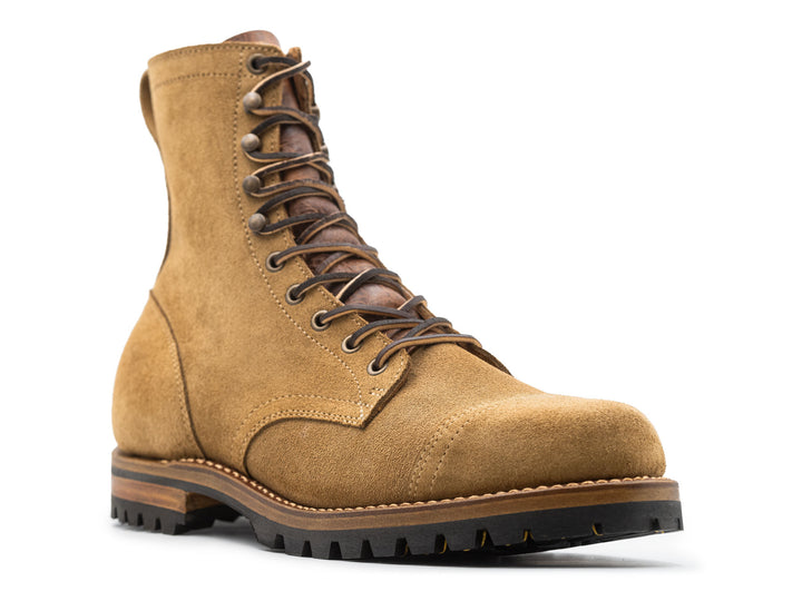 tan leather boot on a white background 3QTR view