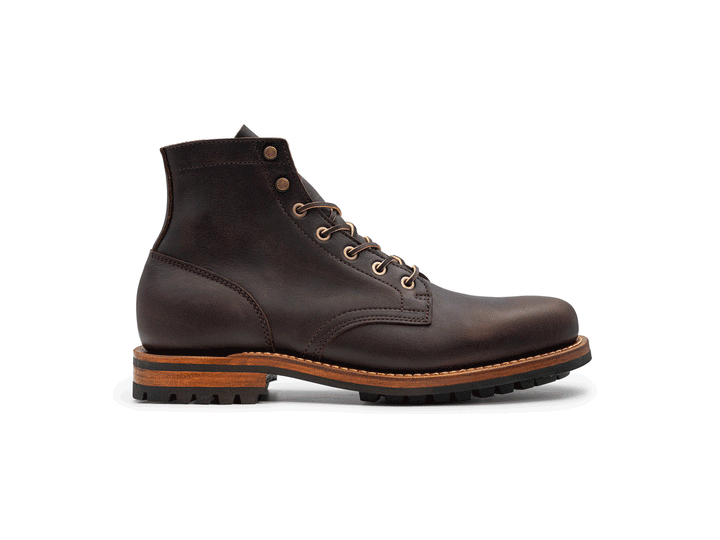 dark brown leather boot on a white background rotating 360° view
