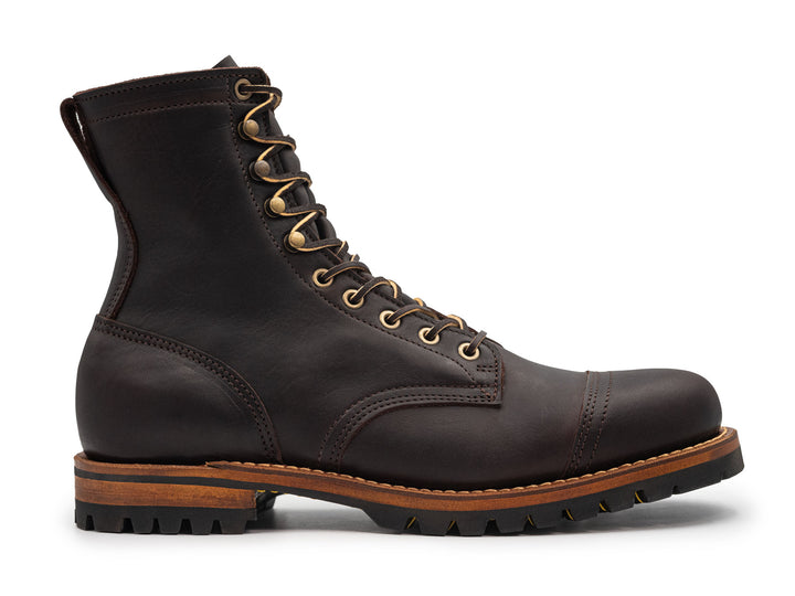 dark brown leather boot on a white background side view