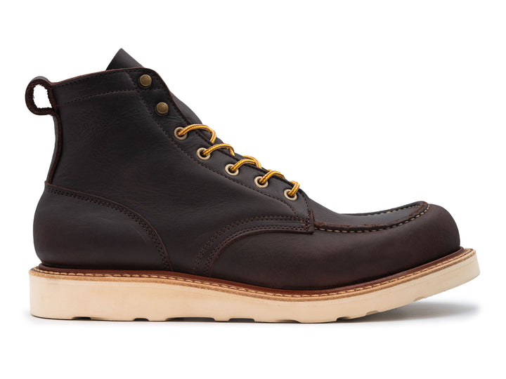dark brown leather boot on a white background side view