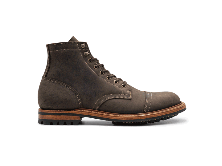 animated rotating 360° view of gray leather boot on white background