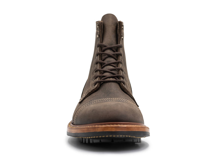 front view of gray leather boot on white background