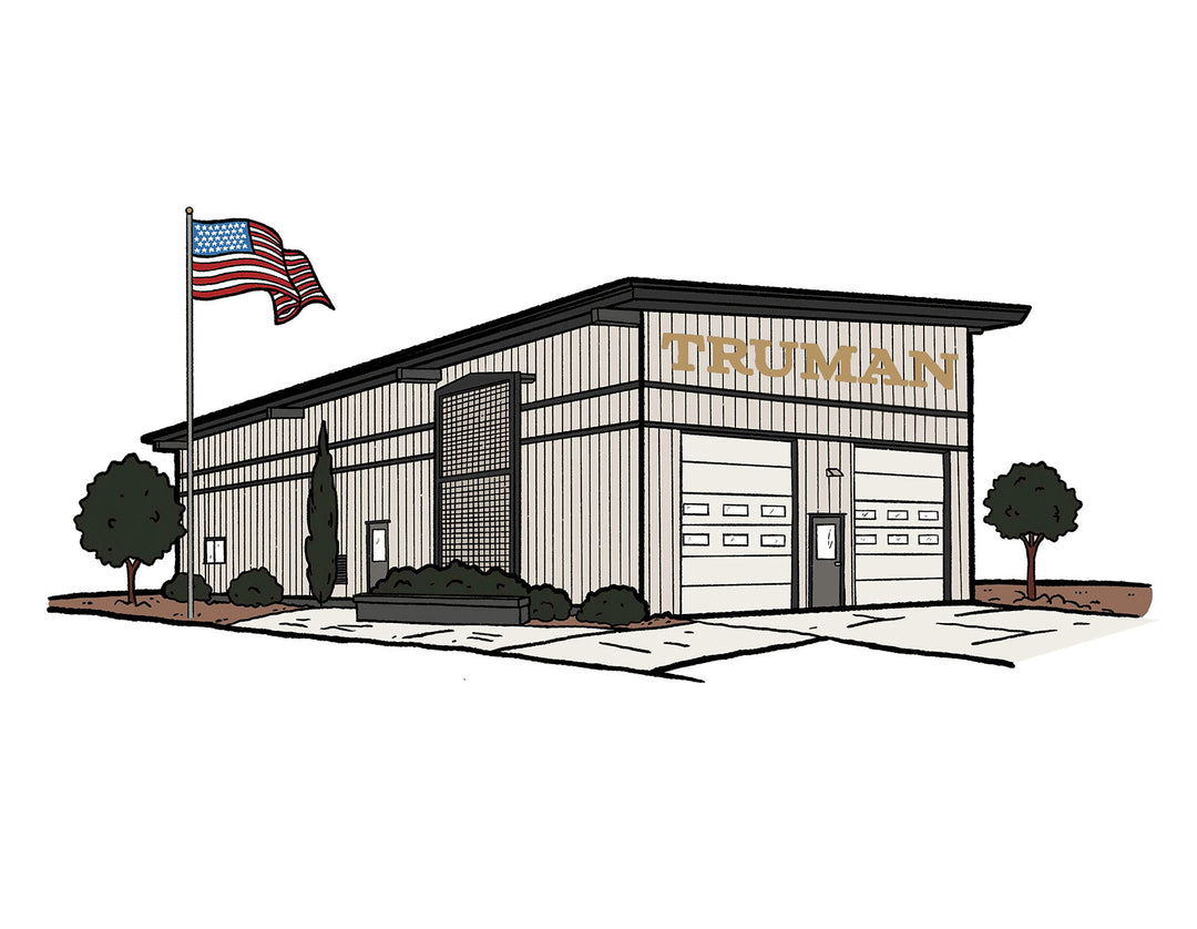 Illustration of the Truman Boot factory with an American flag