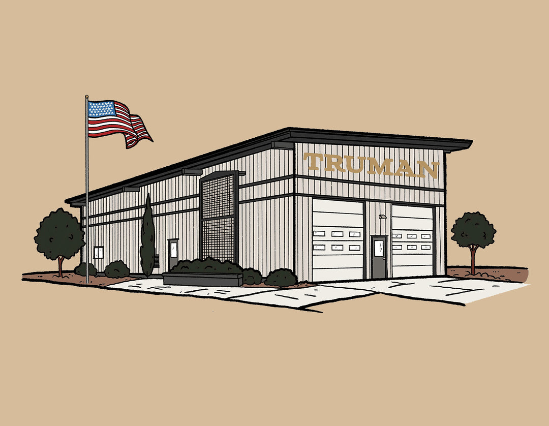 stylized illustration of truman boot factory in eugene oregon