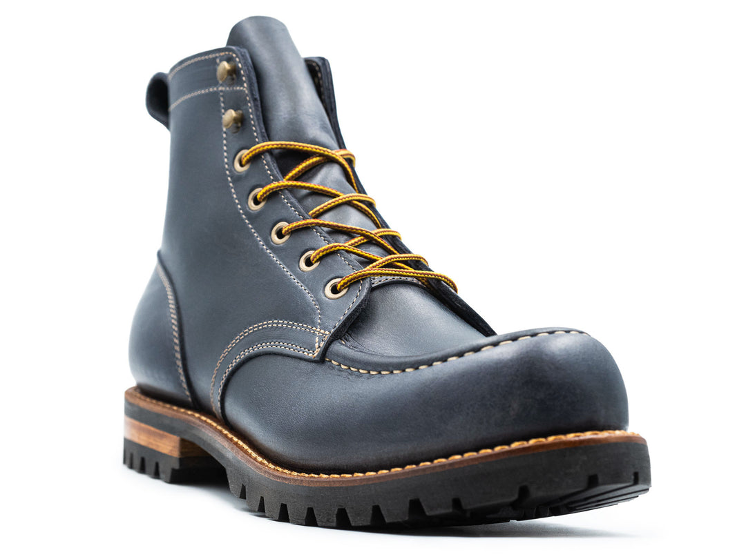 blue leather boot on a white background 3QTR view