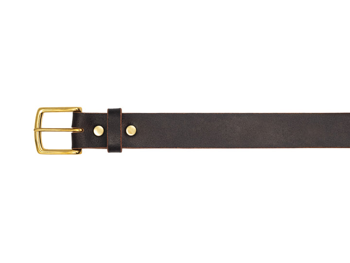 close up view of buckle on java waxed flesh leather belt on white background
