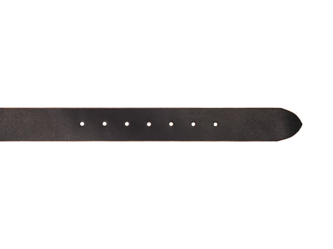 close up view of holes in tip of belt on java waxed flesh leather belt on white background
