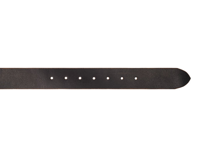 close up view of holes in tip of belt on java waxed flesh leather belt on white background