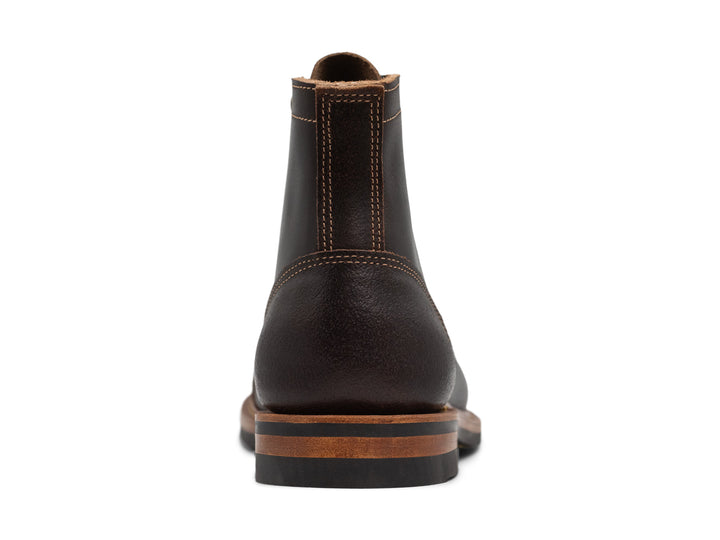 back view of java waxed leather boot on white background