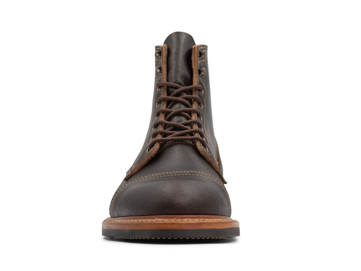 front view of java waxed leather boot on white background