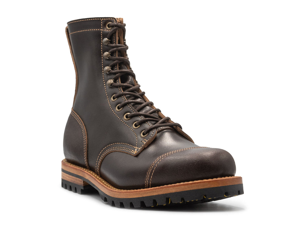 dark brown leather boot on a white background 3QTR view