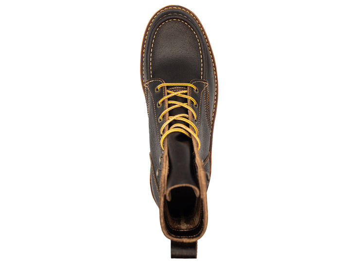 dark brown leather boot on a white background topdown view