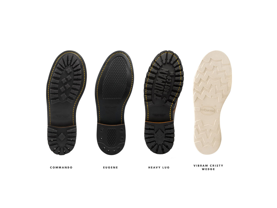 Four different shoe sole designs labeled 'Commando', 'Eugene', 'Heavy Lug', and 'Vibram Cristy Wedge' on a white background.