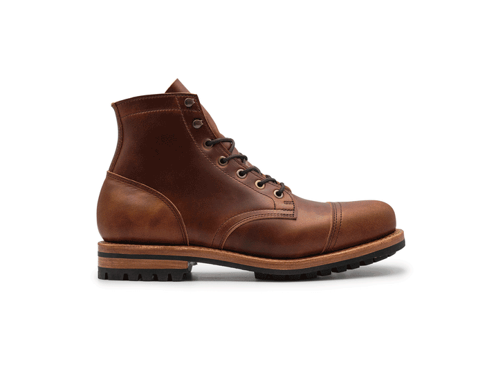auburn brown leather boot on a white background rotating 360° view