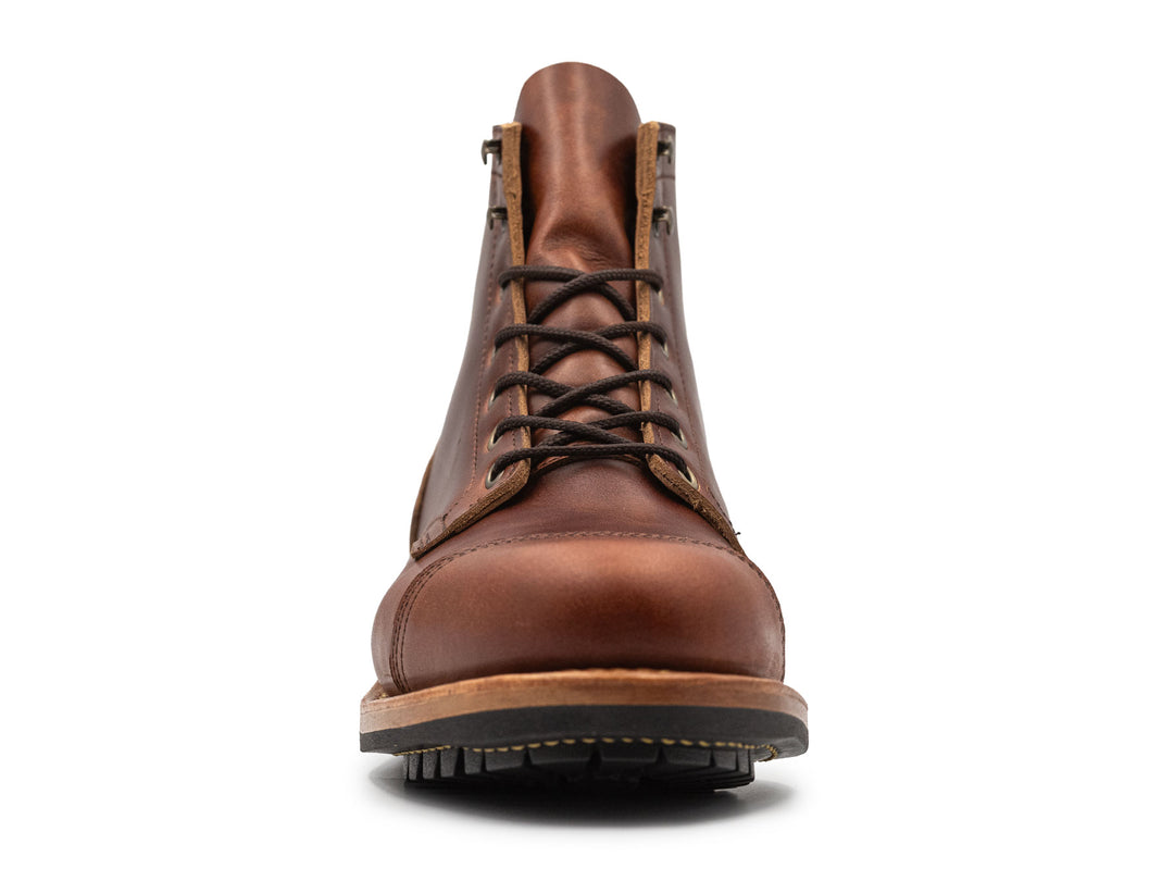 auburn brown leather boot on a white background front view