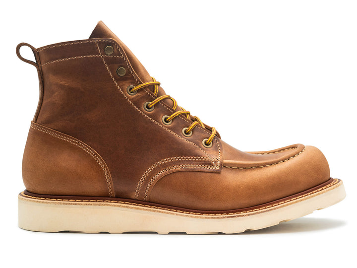 tan leather boot on a white background side view
