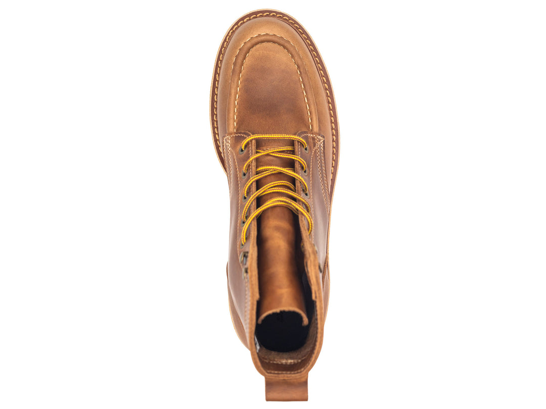 tan leather boot on a white background topdown view