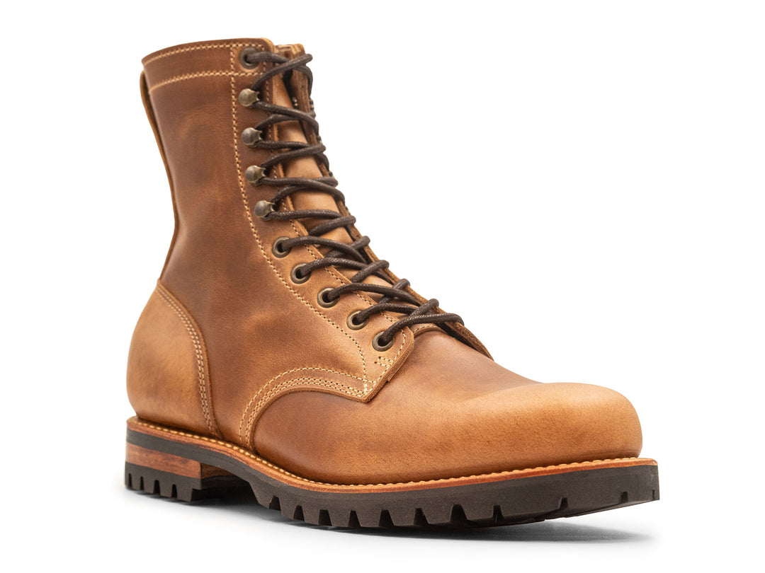 tan leather boot on a white background 3QTR view