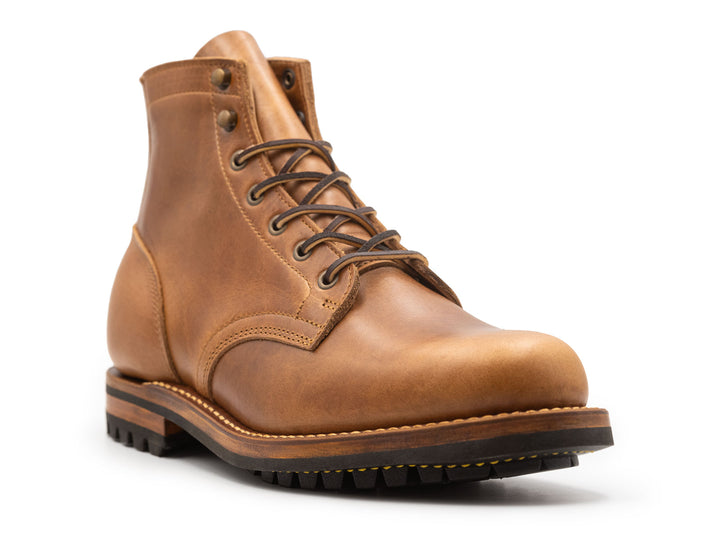 tan leather boot on a white background 3QTR view