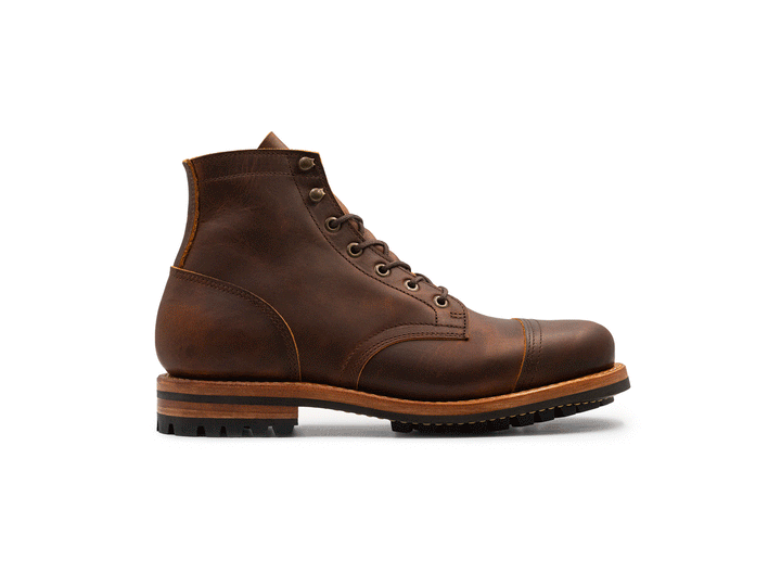 Brown leather boot with a white background rotating 360° view