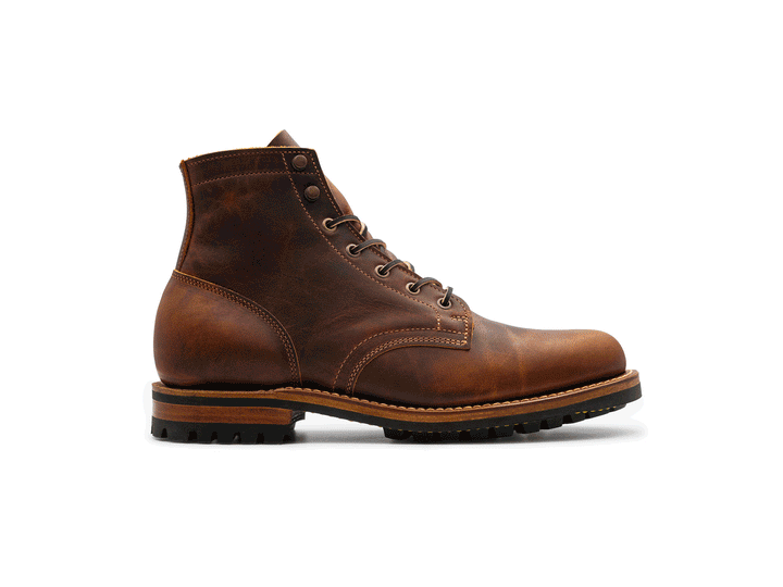 rich brown leather boot on a white background rotating 360° view
