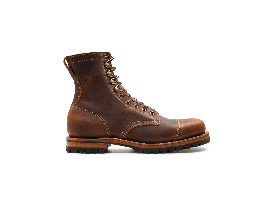 auburn brown leather boot on a white background rotating 360° view