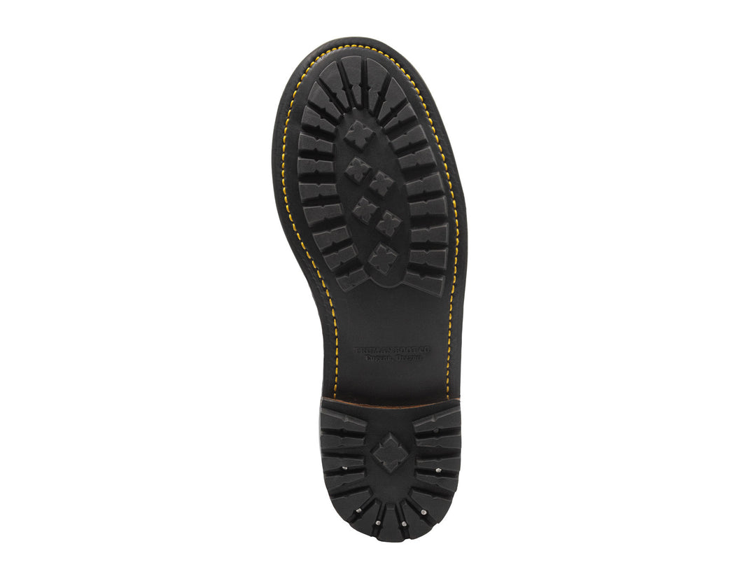 bottom view of truman commando sole showing tread, golden stitching and heel nails